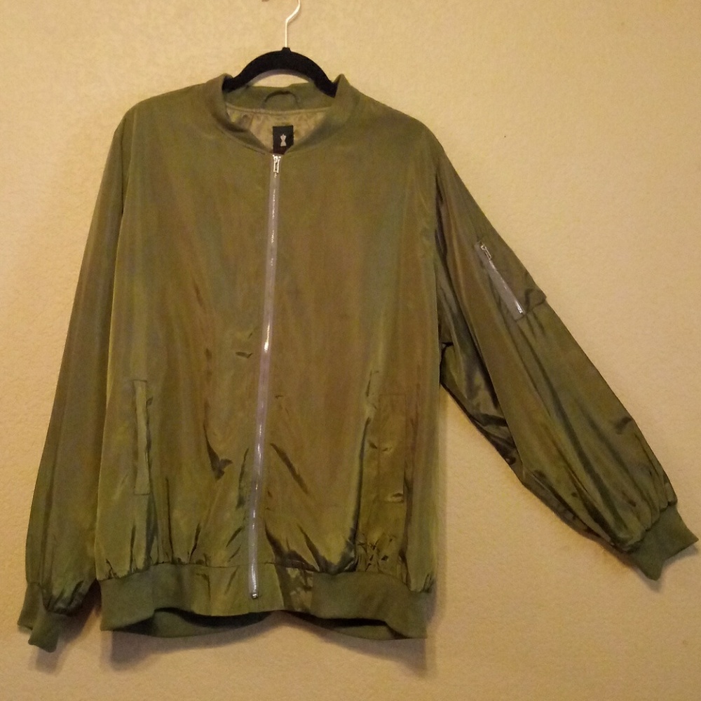 Olive Green Faux-Satin Bomber Jacket